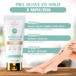 Crema depilatoria Velvet para piel suave en 5 minutos. Instrucciones de uso en 3 pasos.