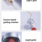 Cepillo masajeador capilar con carga USB-C, cámara transparente para aplicar lociones y sistema de esferas conductoras con luz roja para fortalecer raíces.