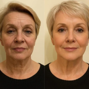 Antes y después de mujer mayor con piel madura luciendo piel revitalizada con Infinity Love Serum.