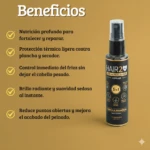 Serum finalizador capilar HAIR2you, 5 en 1, botella spray con lista de beneficios en texto y fondo ocre.