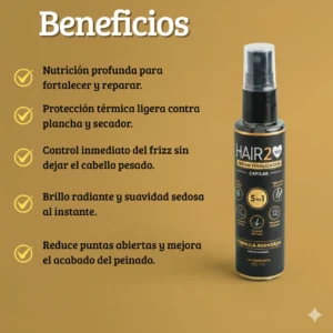Serum finalizador capilar HAIR2you, 5 en 1, botella spray con lista de beneficios en texto y fondo ocre.