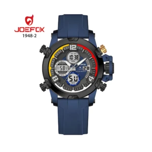 Reloj Joefox anadigi azul deportivo con correa de silicona, pantalla digital con hora 10:38, fecha 28 y cronómetro 50.