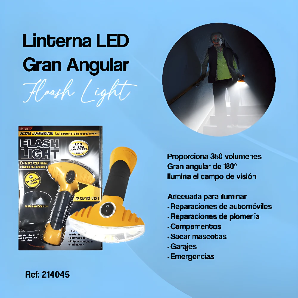 Linterna LED amarilla gran angular 180° multifuncional, ideal para reparaciones, campamentos y emergencias.