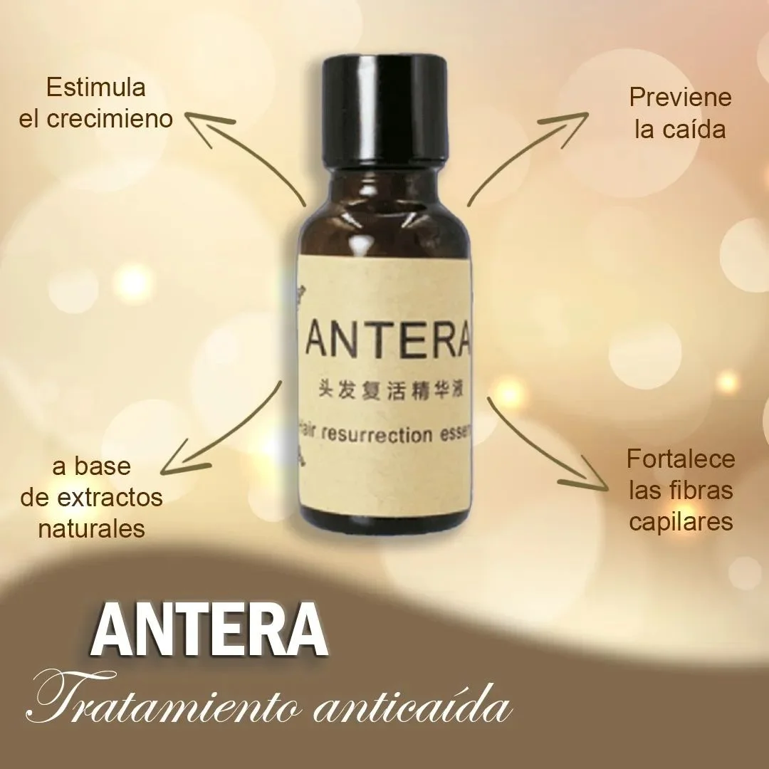 Frasco de vidrio oscuro con etiqueta beige de tónico capilar Antera, rodeado por flechas que indican sus beneficios para el crecimiento y fortalecimiento.