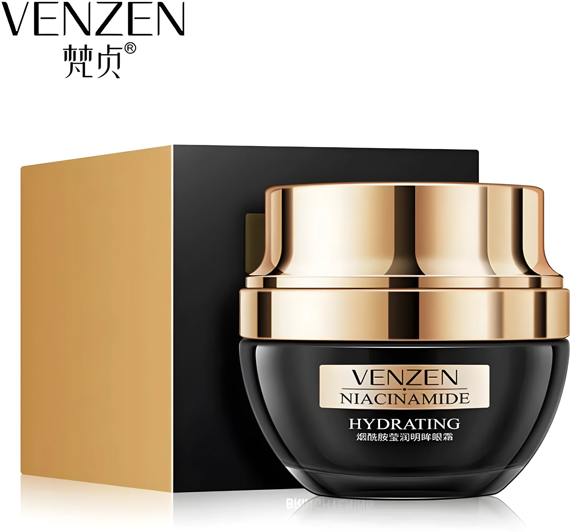 Crema hidratante para ojos Venzen Niacinamide en envase negro y dorado.