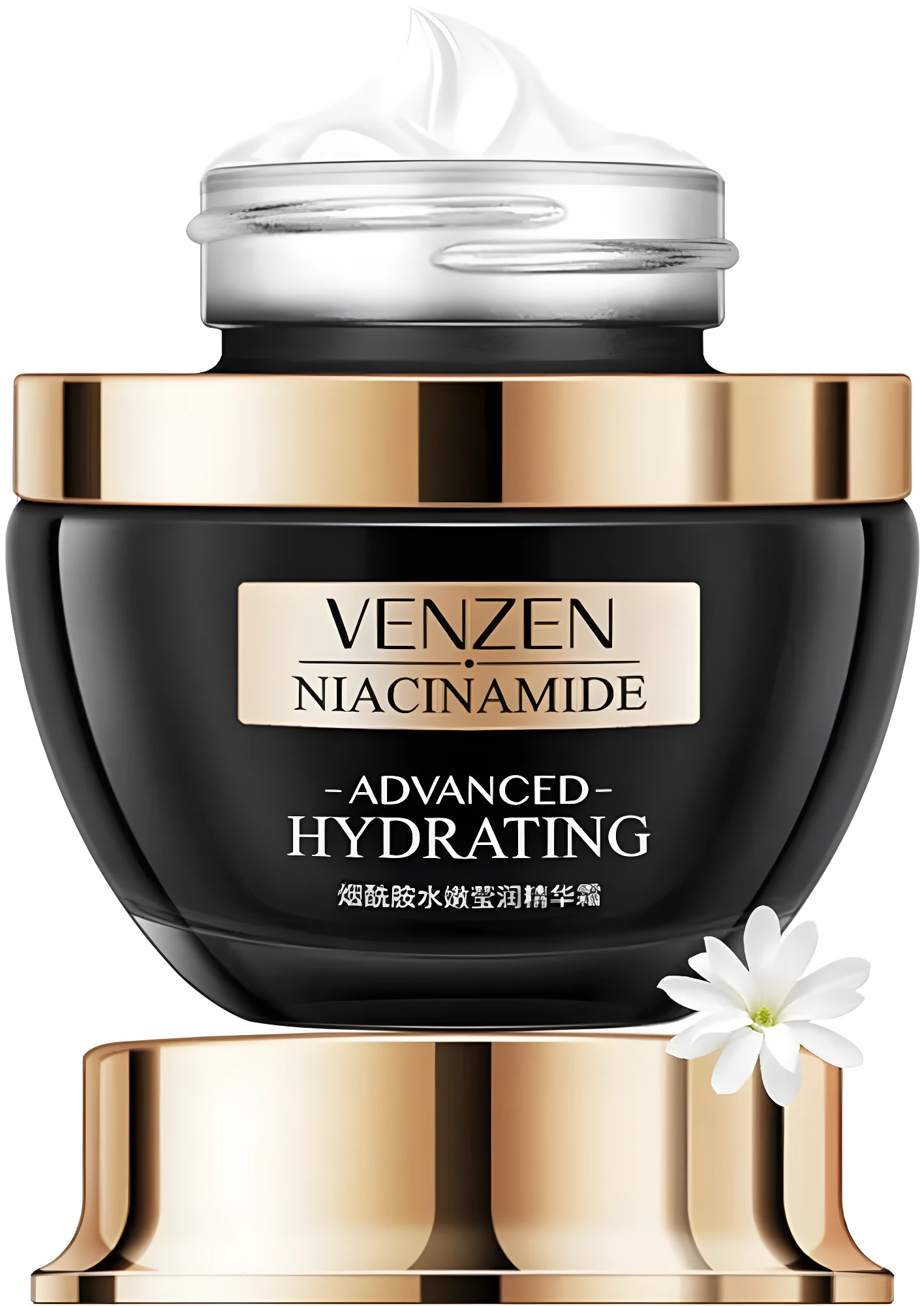 Crema facial Venzen Niacinamide Advanced Hydrating negra con tapa dorada, pétalos blancos.