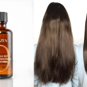 Serum capilar Venzen de nuez australiana junto a una comparación de cabello antes y después de su uso para eliminar frizz y reparar puntas abiertas.