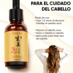 Serum capilar de jengibre de 30ml en frasco de vidrio ámbar con gotero, junto a texto informativo y mujer de espaldas luciendo cabello largo y ondulado.