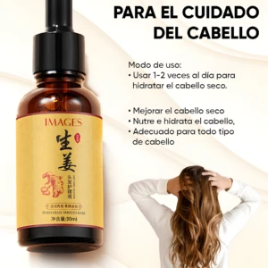 Serum capilar de jengibre de 30ml en frasco de vidrio ámbar con gotero, junto a texto informativo y mujer de espaldas luciendo cabello largo y ondulado.