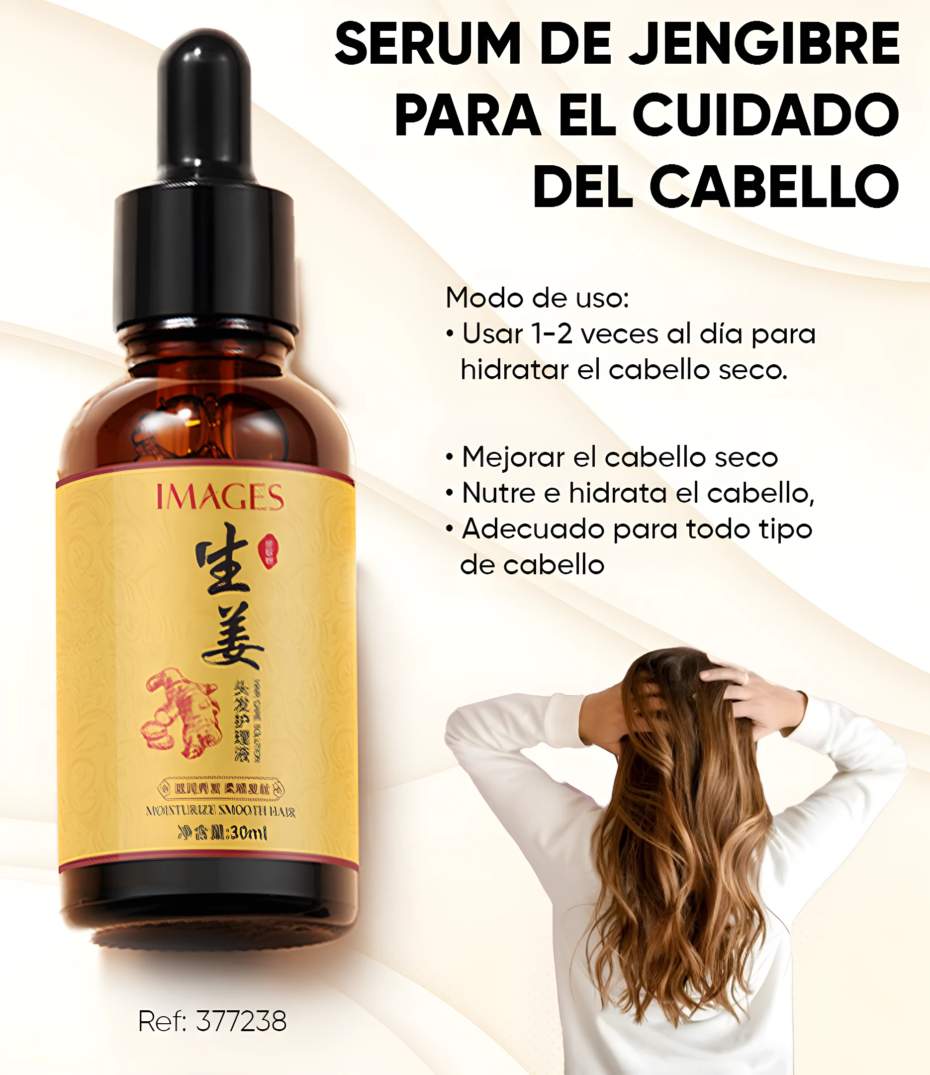 Serum capilar de jengibre de 30ml en frasco de vidrio ámbar con gotero, junto a texto informativo y mujer de espaldas luciendo cabello largo y ondulado.