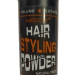 Envase cilíndrico negro de polvo voluminizador para cabello Mecow, con tapa estriada, letras blancas y naranjas, contenido neto de 5g/0.18fl.oz.
