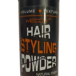 Envase cilíndrico negro de polvo voluminizador para cabello Mecow, con tapa estriada, letras blancas y naranjas, contenido neto de 5g/0.18fl.oz.