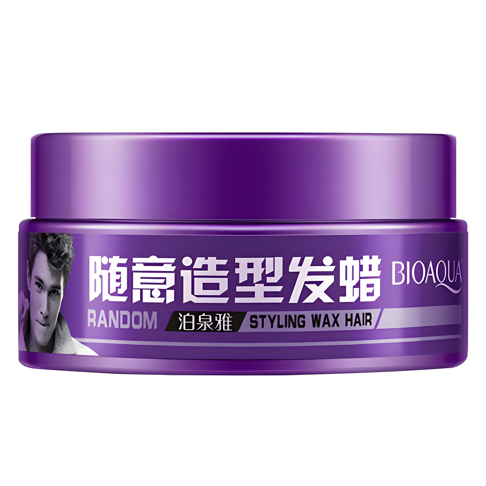 Tarro de cera para cabello Bioaqua de color morado, con diseño cilíndrico, tapa de rosca y la de un modelo masculino en el frente.