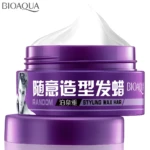 Dos tarros morados de cera para cabello Bioaqua, uno abierto con textura cremosa y otro de base, marca con tipografía blanca y rostro masculino.