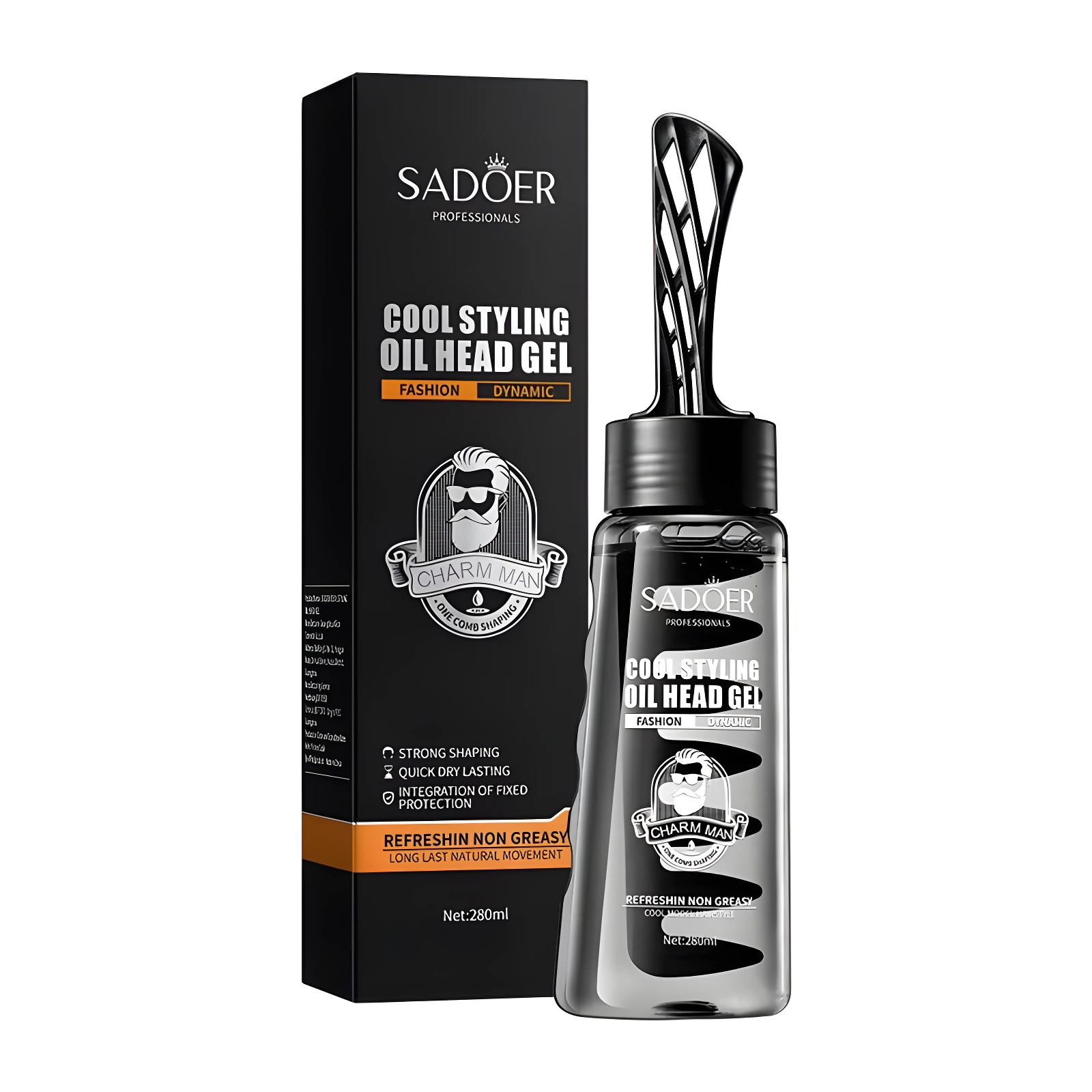 Gel fijador para peinar Sadoer 280ml, con aplicador tipo peine, para peinados firmes y brillantes.