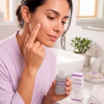 Mujer aplica sérum facial despigmentante Lumika en rostro. Contiene células madre y centella asiática, unifica tono y aclara manchas.