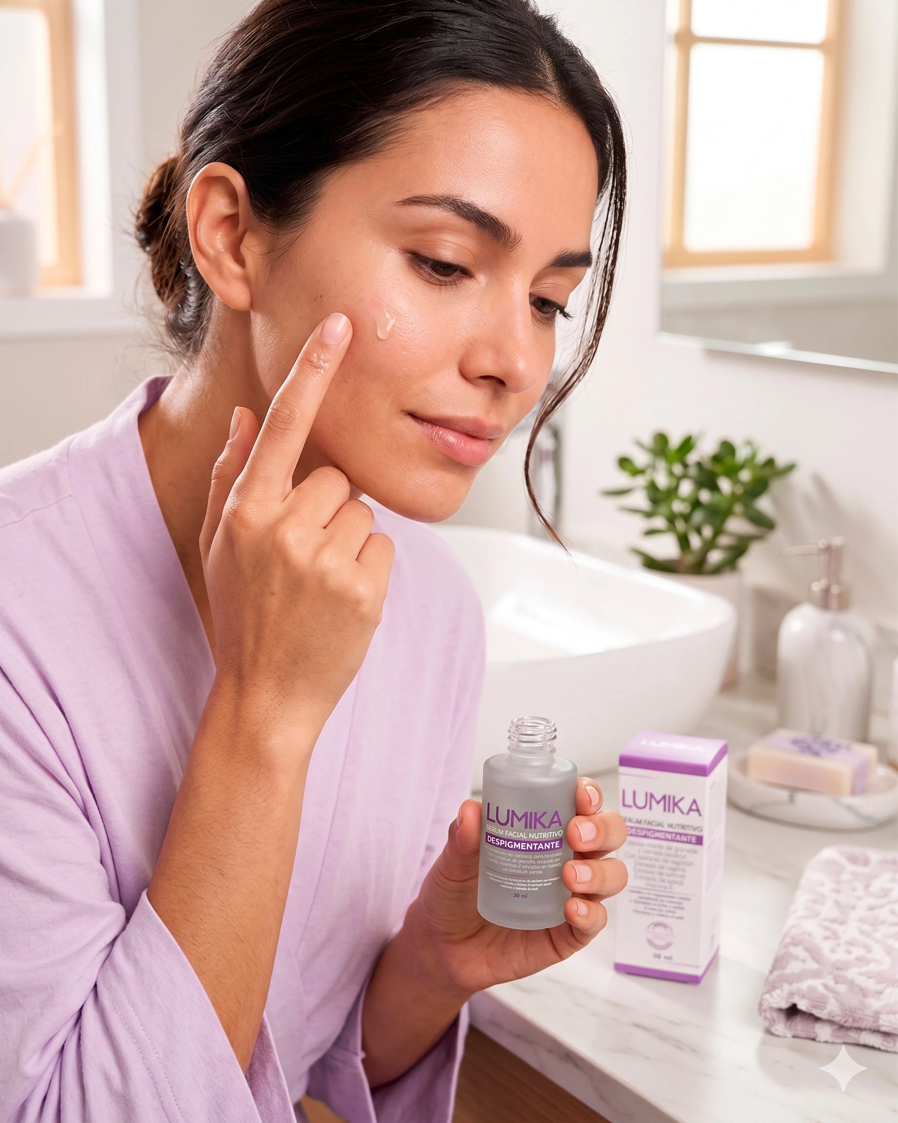 Mujer aplica sérum facial despigmentante Lumika en rostro. Contiene células madre y centella asiática, unifica tono y aclara manchas.