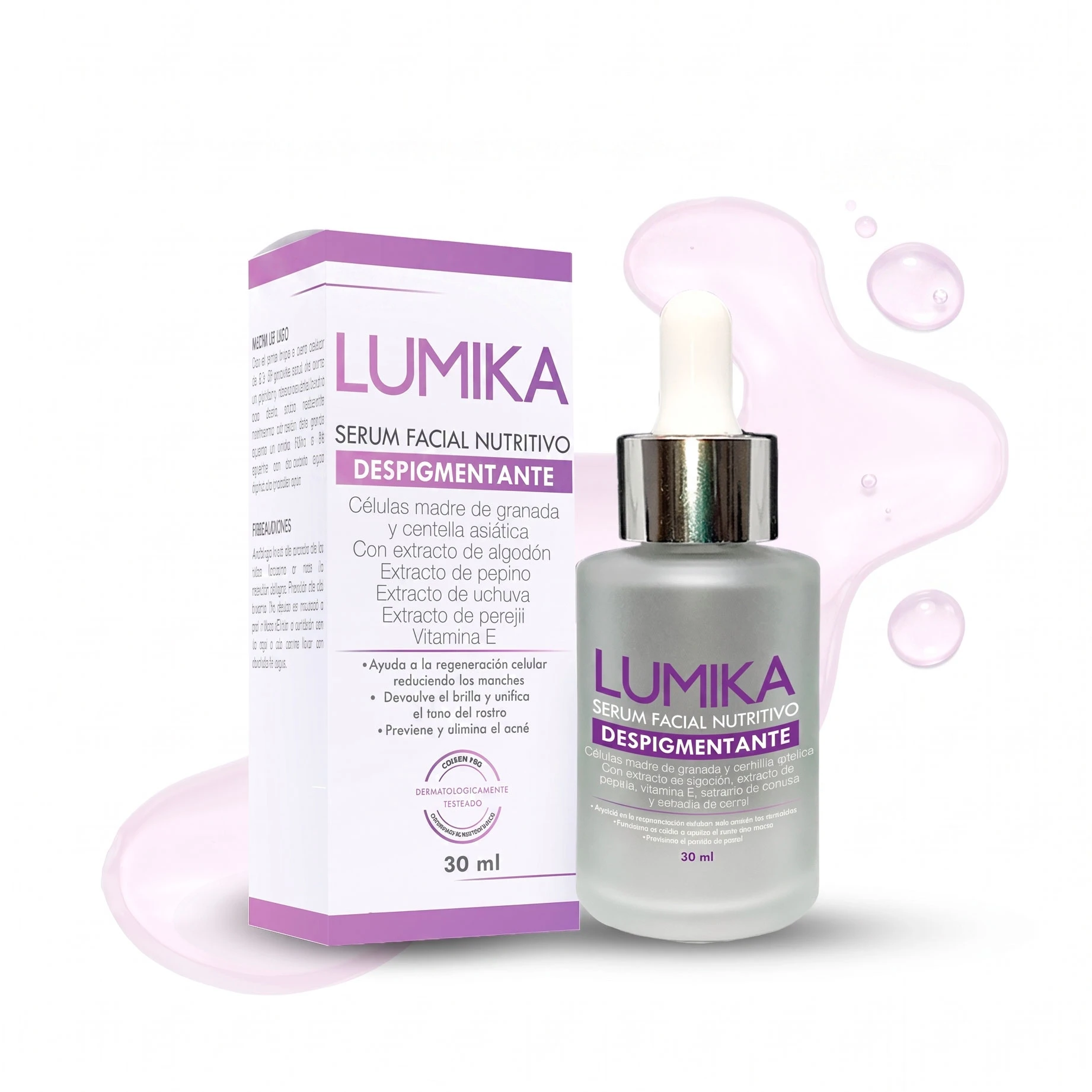 Frasco de vidrio con gotas de sérum facial despigmentante Lumika, 30 ml.