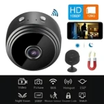 Cámara espía HD 1080P negra, compacta, con WiFi, visión nocturna y soporte magnético.