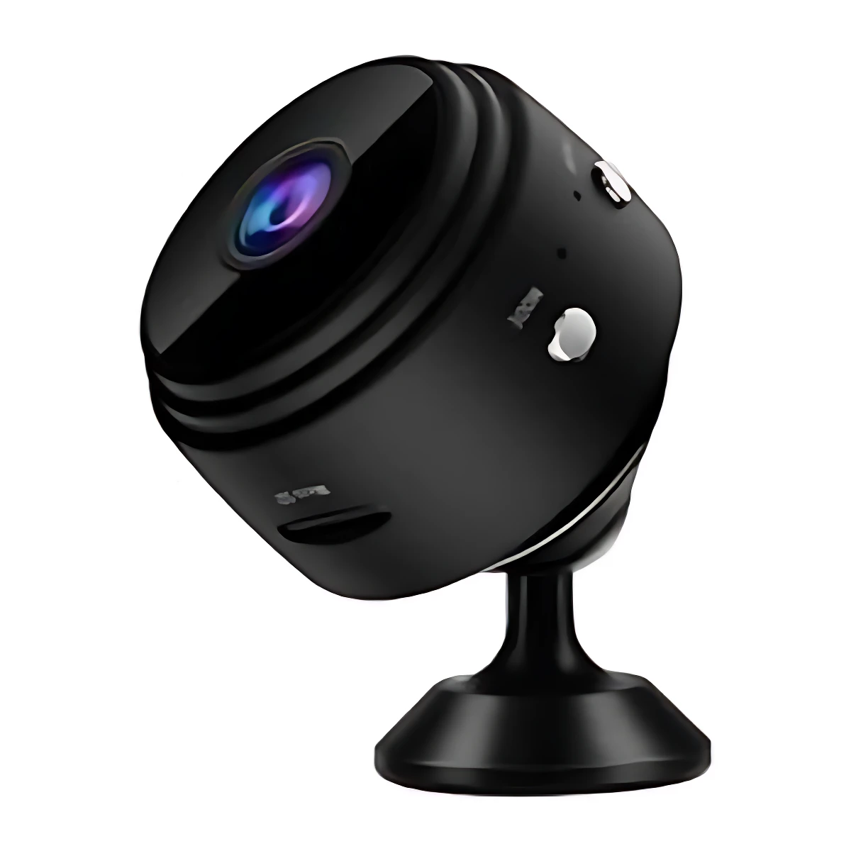 Cámara espía HD 1080p negra con base, visión nocturna y ranura para tarjeta SD.
