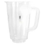 Vaso de plástico transparente para licuadora, con asa ergonómica y detalles medidores interiores.