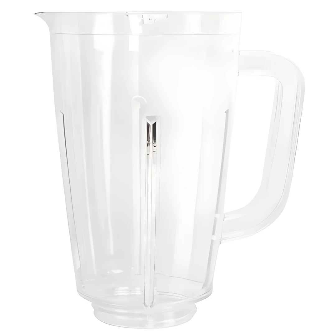 Vaso de plástico transparente para licuadora, con asa ergonómica y detalles medidores interiores.