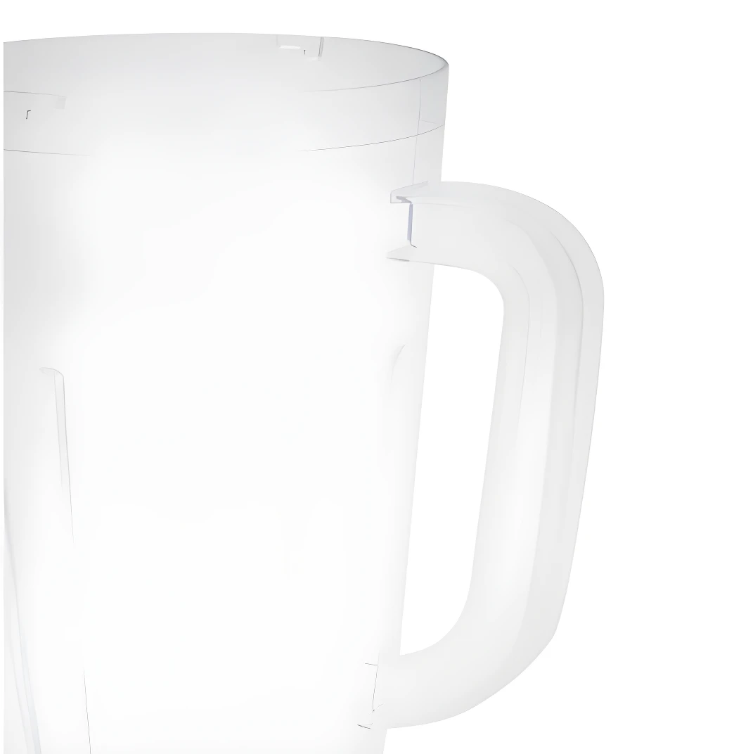 Vaso plástico blanco traslúcido para licuadora con asa integrada.