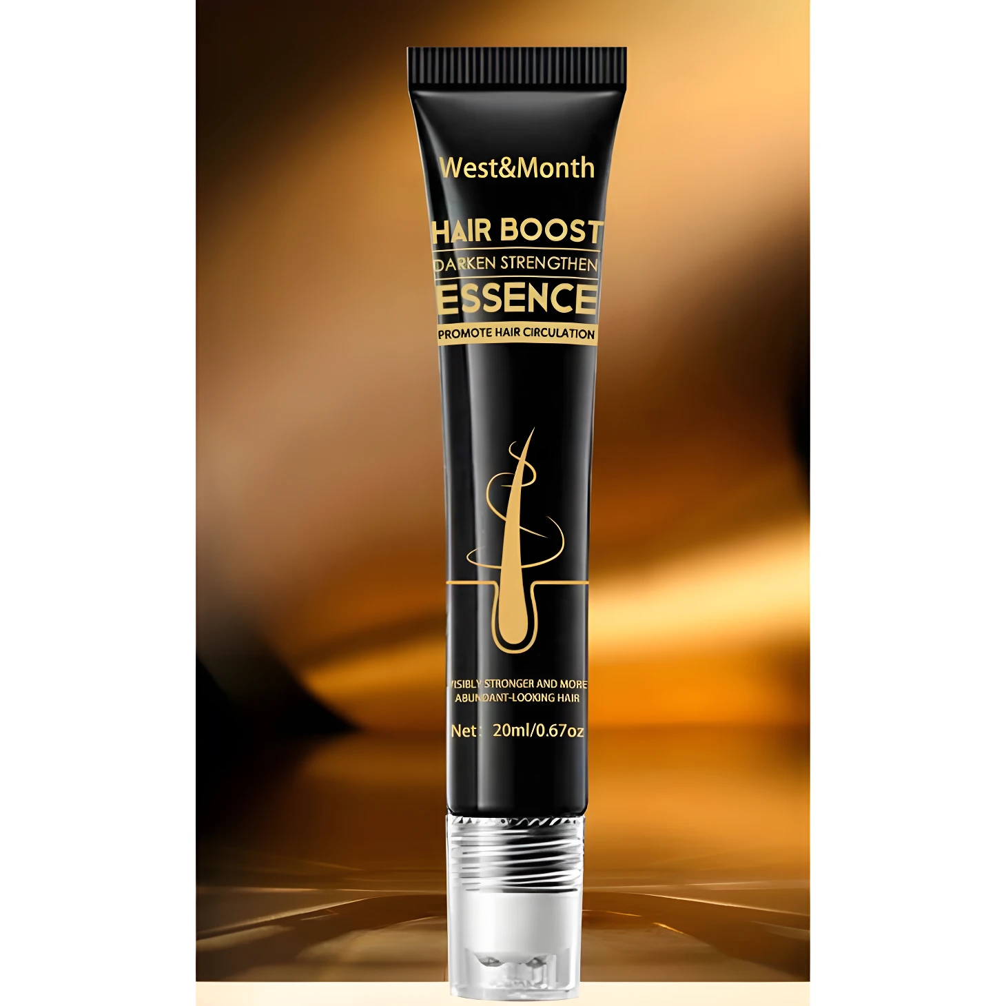 Tubo negro de esencia capilar para fortalecer y oscurecer el cabello, con 20ml de producto.