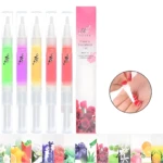 Set de 5 lápices aplicadores de aceite para cutícula de uñas con diferentes colores y aroma a rosa.