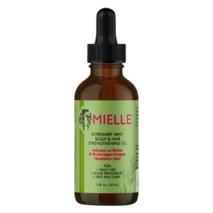Aceite fortalecedor Mielle Rosemary Mint 59ml en frasco ámbar con gotero negro.