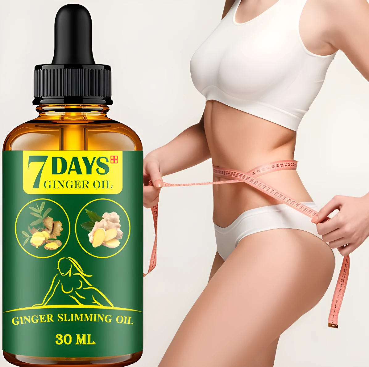 Aceite de jengibre para adelgazar 30 ml, frasco con pipeta, etiqueta verde con ginger, silueta de mujer y cinta métrica.