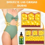 Aceite de jengibre para adelgazar y masajes, aplicándose en cintura con esquema de grasa corporal reducida.