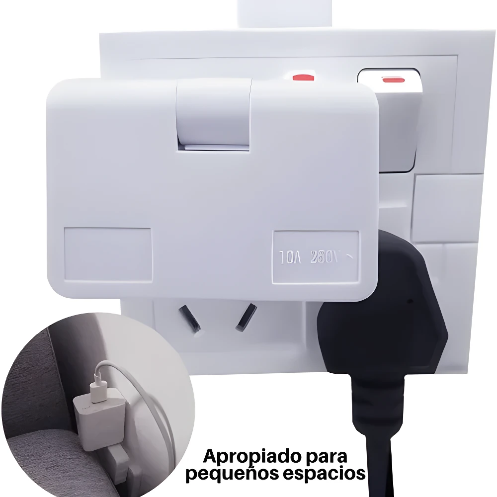 Adaptador extensor blanco para tomacorriente, 3 puertos, compacto, ideal para espacios pequeños.