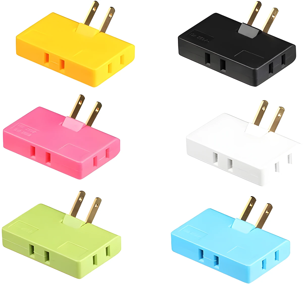 Set de 2 adaptadores de corriente de 3 enchufes en colores amarillo, rosa, verde, azul, blanco y negro.