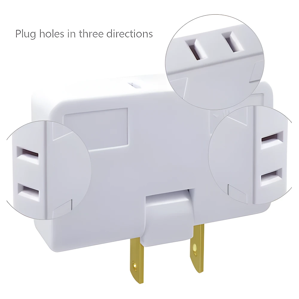 Adaptador de toma de corriente blanco con 3 puertos en tres direcciones, ideal para maximizar enchufes.