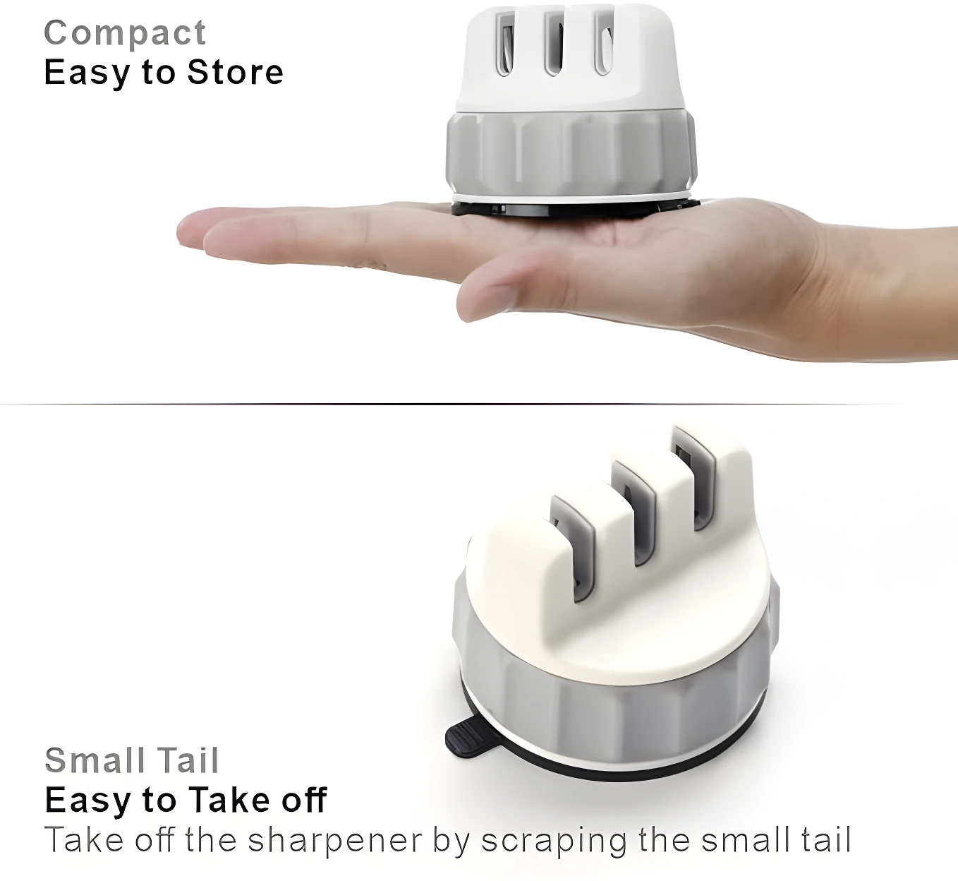 Afilador de cuchillos compacto gris y blanco en mano, mostrando facilidad de almacenamiento y uso.
