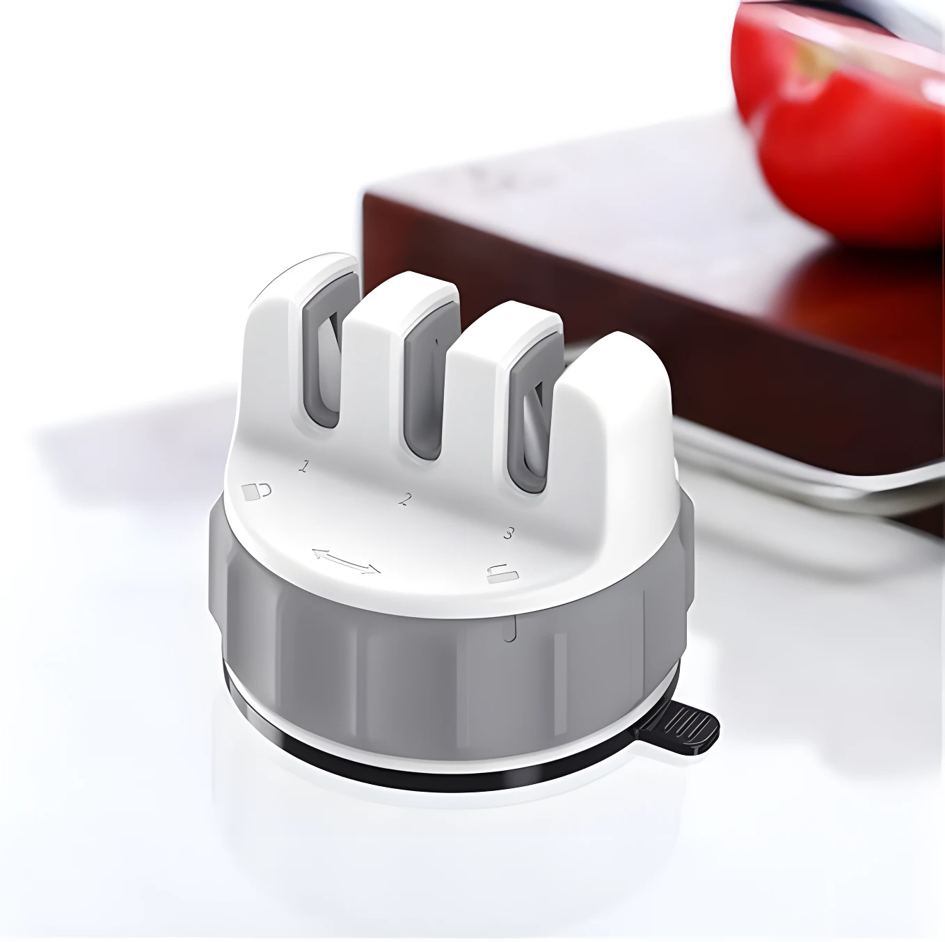 Afilador de cuchillos de 3 niveles blanco y gris con ventosa, ideal para cocina.