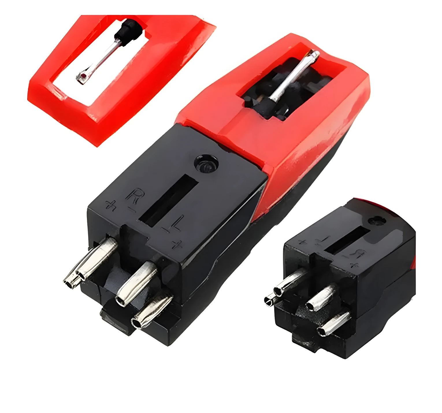 Agujas universales rojas y negras para tocadiscos fonógrafo, con puntas de conexión visibles.