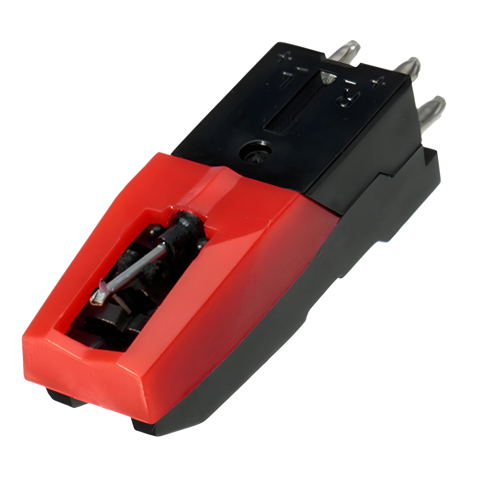 Aguja universal roja y negra para tocadiscos, con detalles grabados y puntas metálicas.