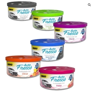 Ambientadores de carro Simoniz Auto Fresco en gel, colores variados: gris, verde, morado, azul, naranja y rosa.