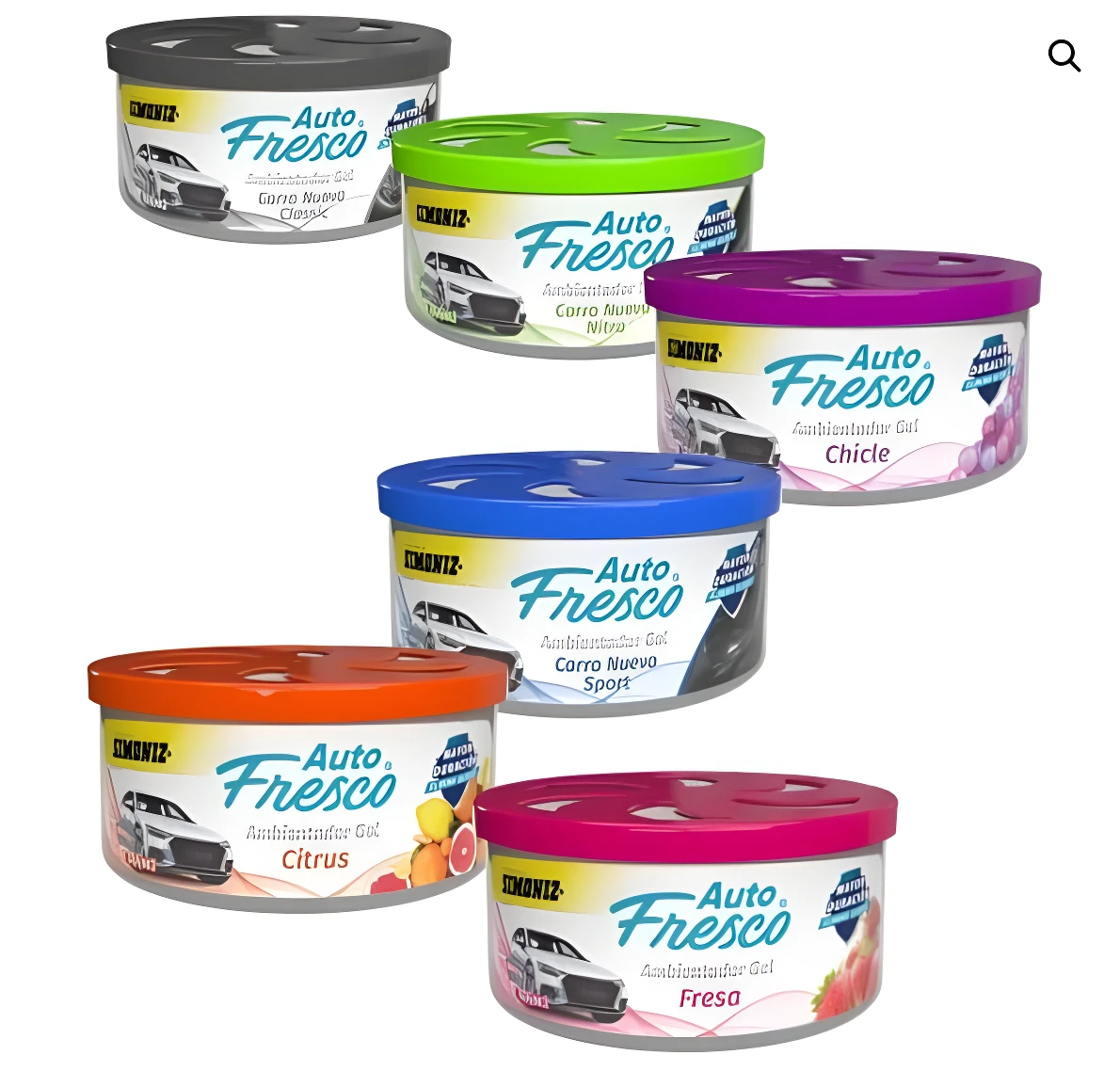 Ambientadores de carro Simoniz Auto Fresco en gel, colores variados: gris, verde, morado, azul, naranja y rosa.