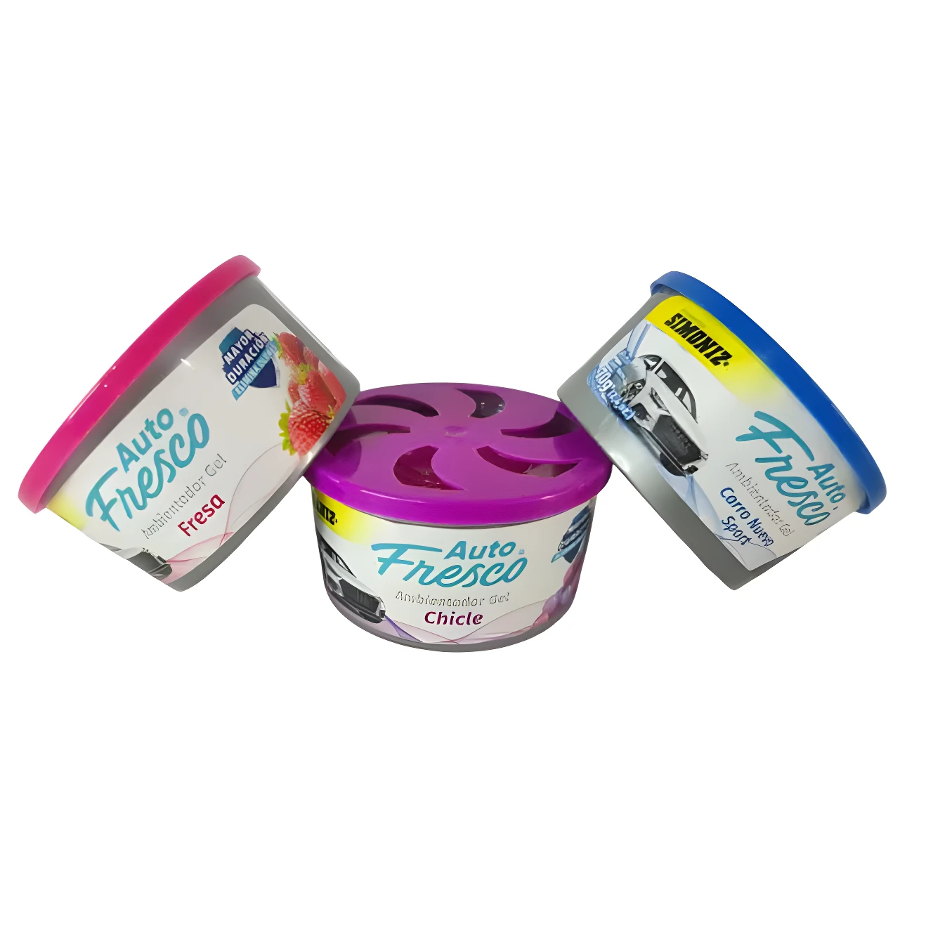 Tres ambientadores de gel para carro Auto Fresco, uno de fresa con tapa rosa, otro de chicle con tapa morada y uno sport con tapa azul.