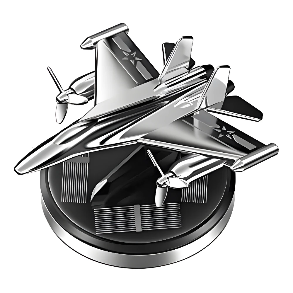 Ambientador solar para carro, diseño de avión plateado metálico, con hélices y base negra.