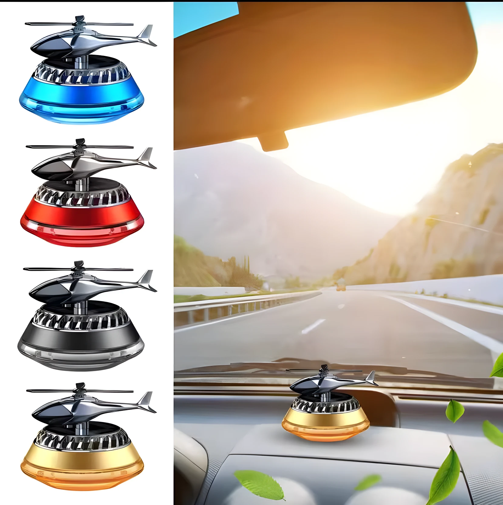 Ambientador solar para carro, helicóptero metálico cromado, base azul vibrante.