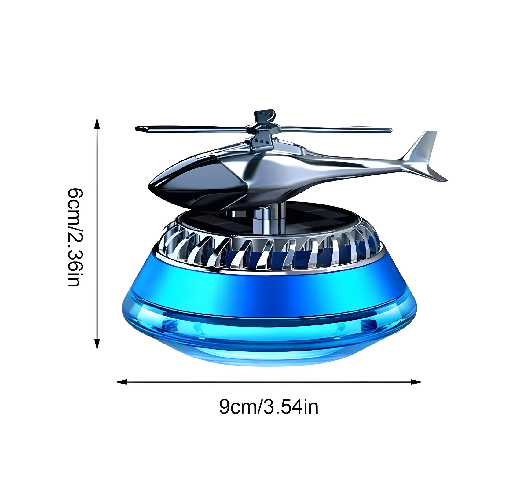 Ambientador solar para carro en forma de helicóptero plateado y base azul brillante, 9x6cm.