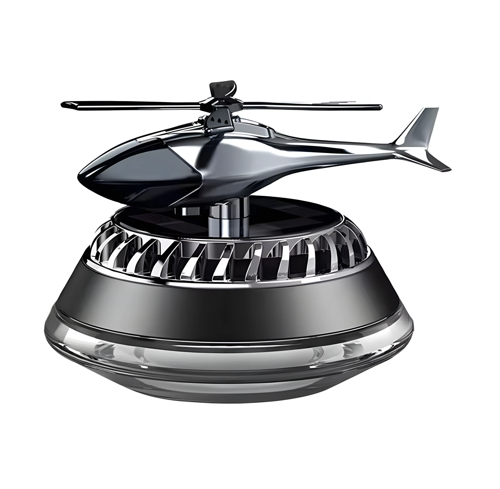 Ambientador solar para carro, diseño helicóptero plateado pulido, purifica el aire.