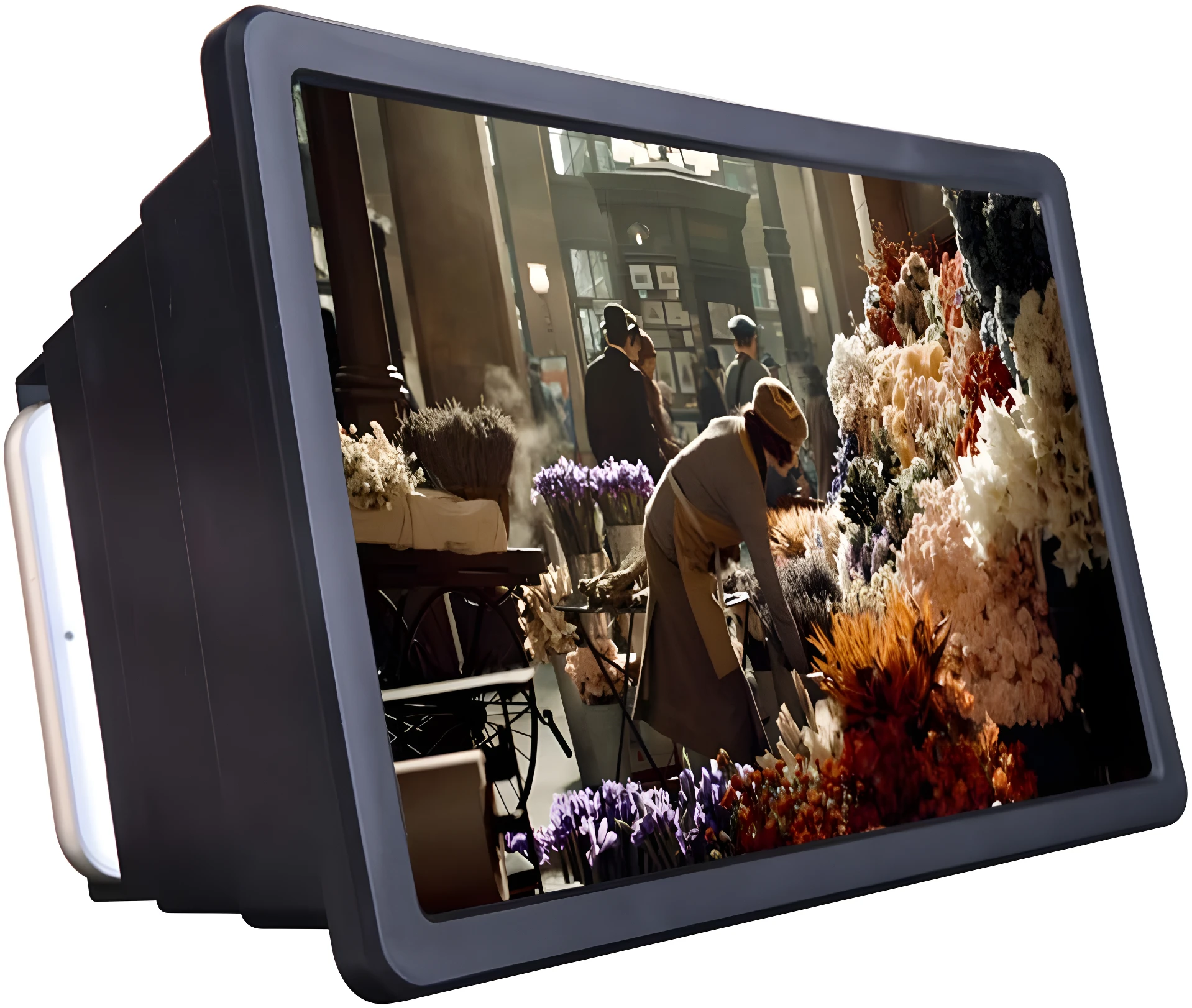 Amplificador 3D F2 de pantalla para celular, con escena de florería antigua en su pantalla.