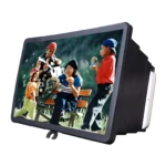 Amplificador 3D F2 para móvil, con de familia jugando burbujas al aire libre, color negro.