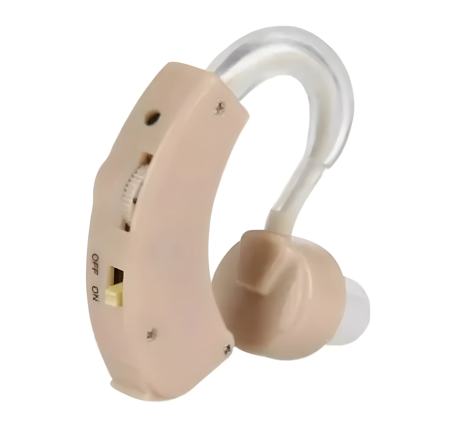 Amplificador auditivo beige, tipo BTE, con interruptor ON/OFF y cubierta de oído transparente.