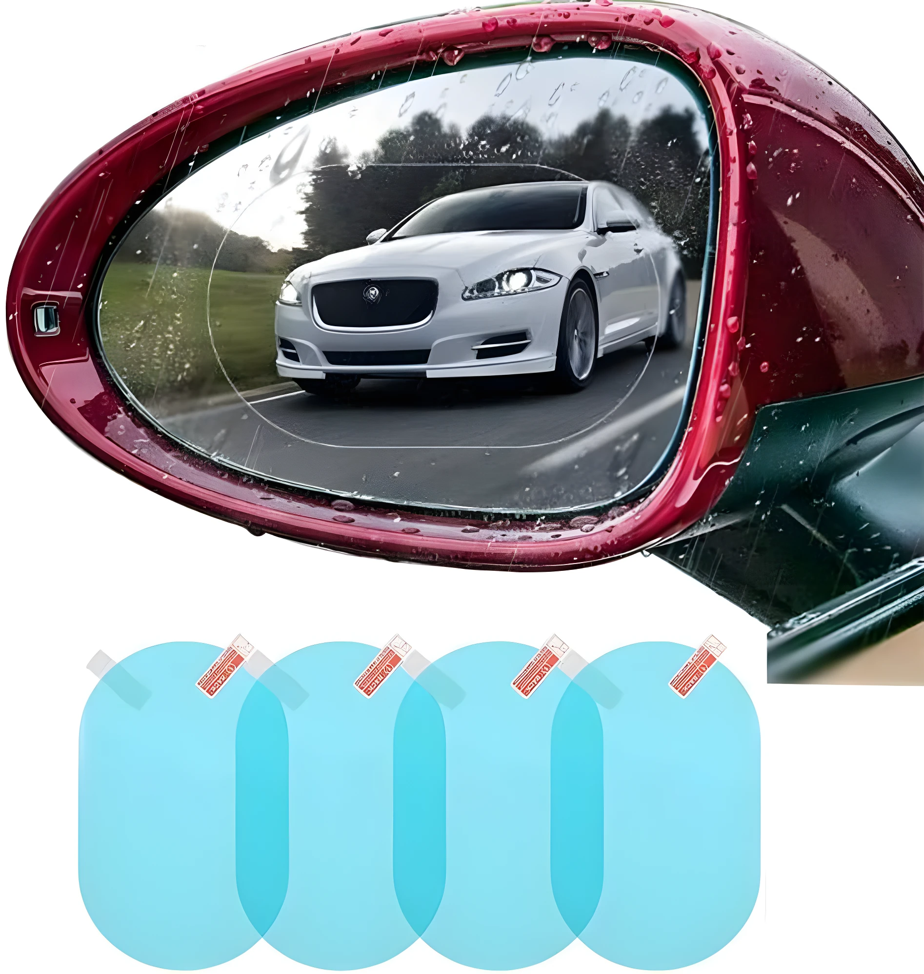 Set de 2 protectores antiempañantes para espejo retrovisor de auto, con cubierta protectora azul.